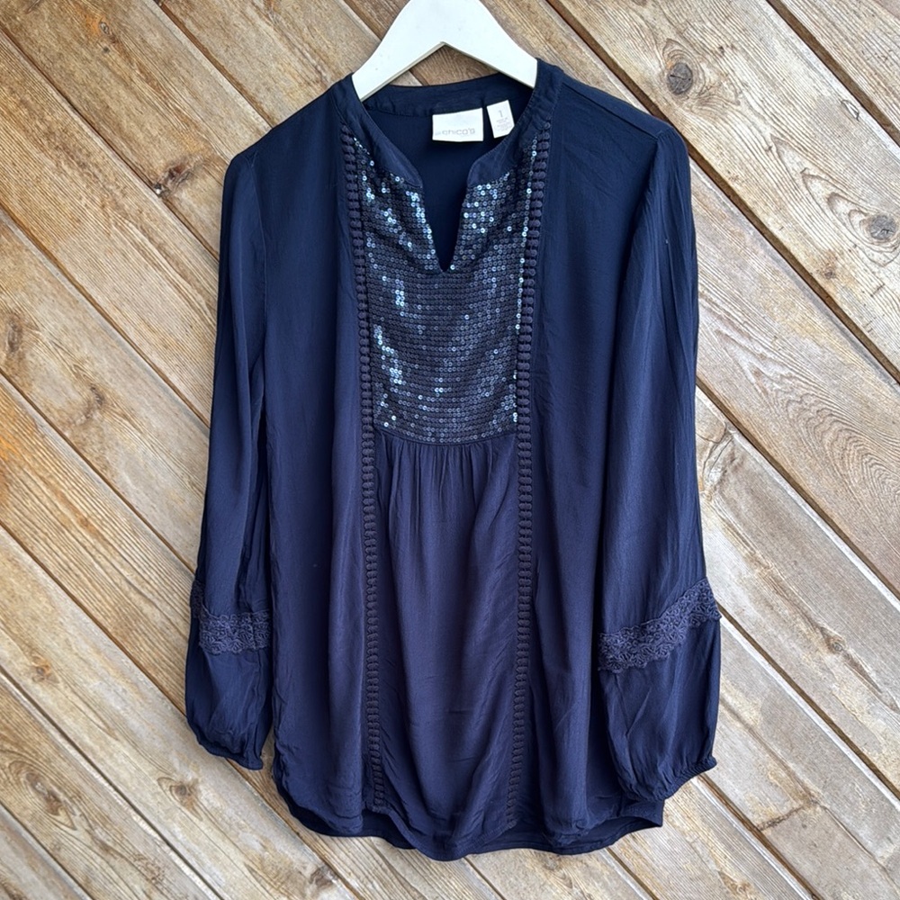 Chico’s navy blue sequin crochet lace peasant tunic blouse size 1 medium